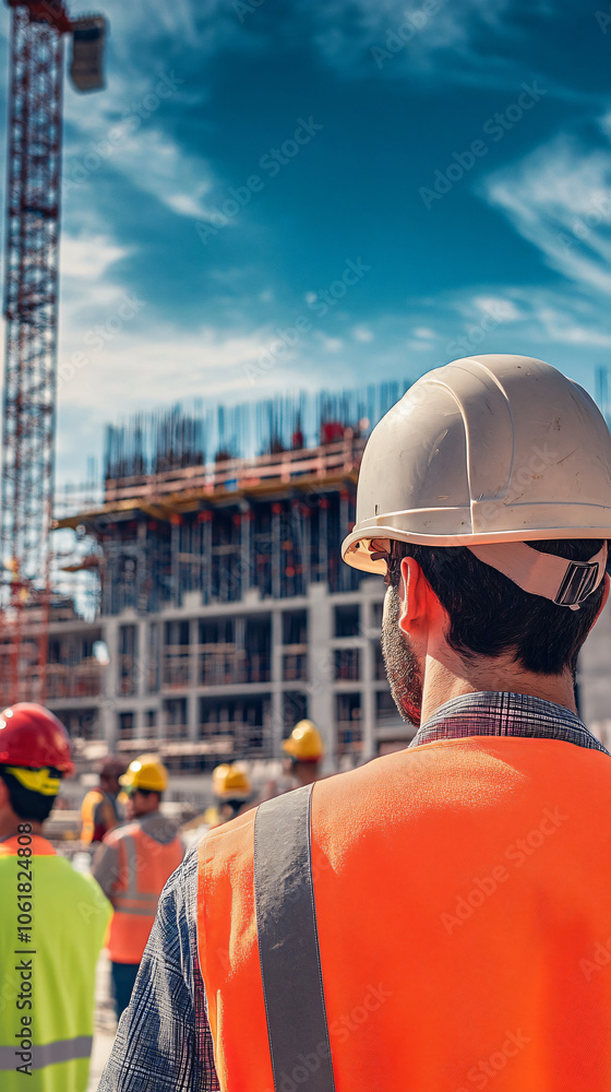Poster construction foreman in a hard hat and safety vest is monitoring the development of a building proje