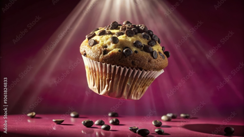 Poster A chocolate chip muffin suspended in a soft light, resting above a scattering of chocolate chips on a deep red surface.