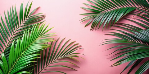 Fototapeta premium Tropical Palm Leaves on Soft Pink Background, Perfect for Summer Aesthetic, Botanical Prints, Nature Decor, Minimalist Design, Copy Space for Text, Ideal for Social Media, Branding, and Wall Art