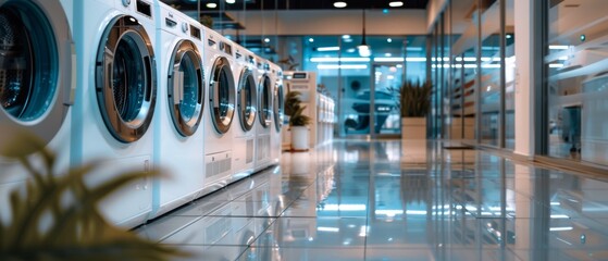 A modern laundromat with rows of sleek washing machines reflects on shiny floors, creating a sense of cleanliness and efficiency in a bright, organized space.