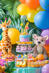 Obraz premium animal zoo concept celebration birthday background bright colors gifts, cake, balloons, confetti with birthday candles