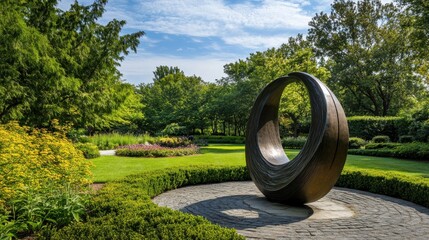 Fototapeta premium A tranquil garden featuring a stunning sculpture and lush greenery during a bright, sunny day