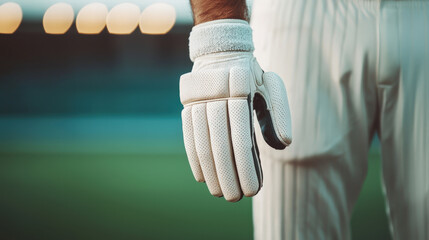 Close up of cricket player adjusting gloves, showcasing focus and preparation for game. stadium lights create exciting atmosphere