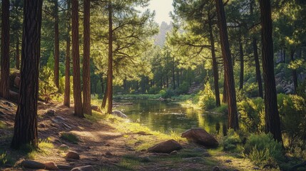 Obraz premium Discover the tranquility of Tonto National Forest as sunlight filters through the trees onto the peaceful waterway at sunset