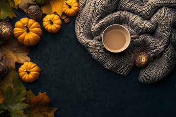 Warm autumn composition featuring a cup of coffee on a sweater surrounded by leaves and small pumpkins