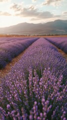 Naklejka premium A breathtaking lavender field in full bloom during golden hour with distant mountains in view