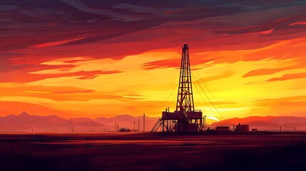 Obraz premium Oil Rig Silhouette at Sunset in the Desert