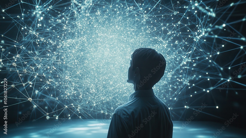 Poster a scientist observes a vast digital network of particles and data in a dark laboratory setting, imme
