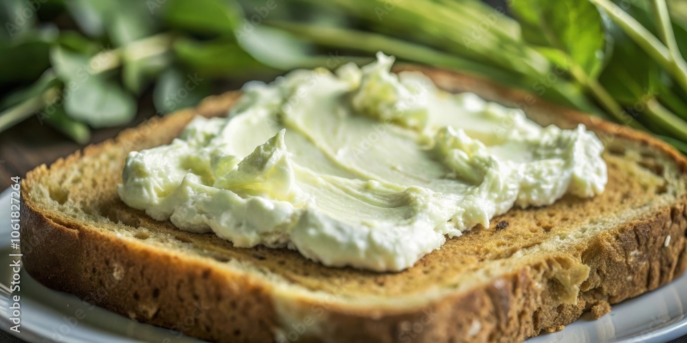 Poster A close-up of a single slice of toasted bread topped with a generous portion of creamy spread, featuring a soft focus on verdant foliage in the background.
