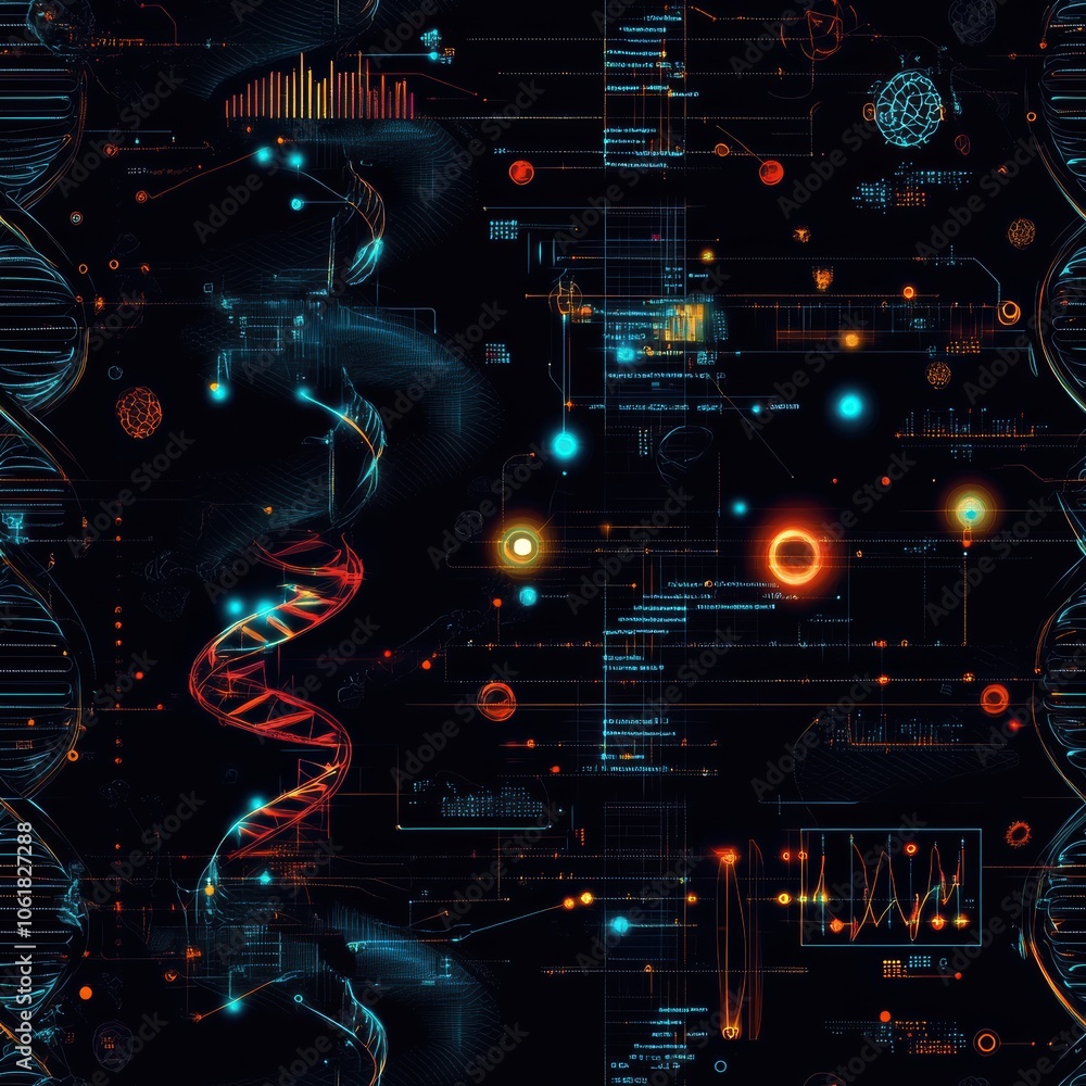 Poster A vibrant seamless pattern showcasing glowing DNA fragments with data visualizations on a dark background