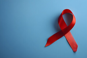 Red ribbon as symbol of aids awareness on blue background