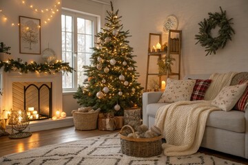Boho Scandinavian Christmas Decor with Happy Family Elements in Architectural Photography Style
