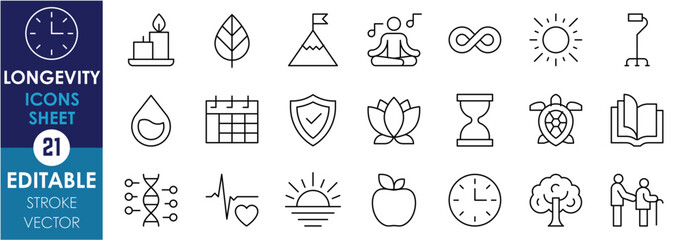 A set of line icons related to Longevity. Clock, calendar, leaf, candles, DNA, flower, elderly, tortoise, books, heartbeat, and so on. Vector editable stroke.