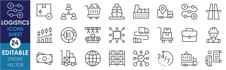 A set of line icons related to Logistics. Goods, shipping, cargo, delivery, calendar, highway, supply, warehouse, money, stock, worker, network, and so on. Vector editable stroke.