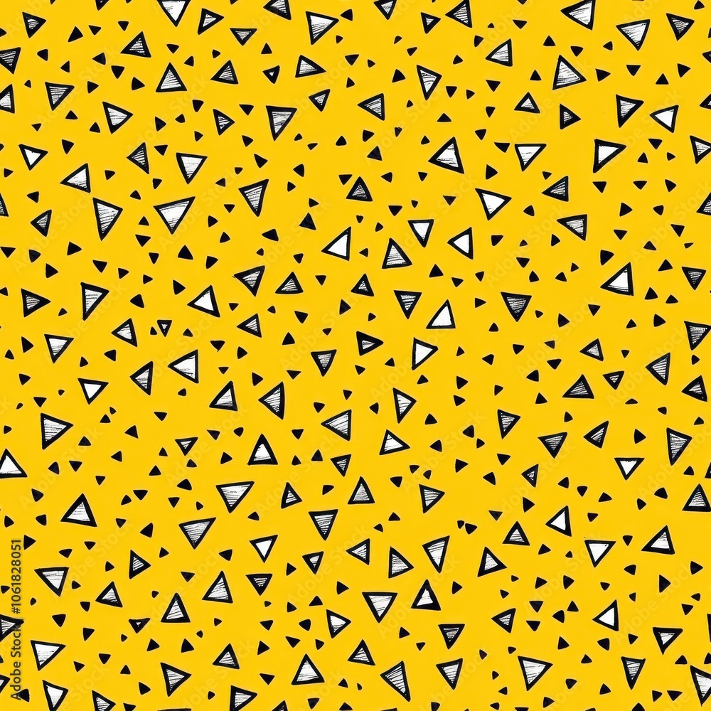 Poster a vibrant playful pattern featuring small hand-drawn triangles scattered across a sunny yellow backg