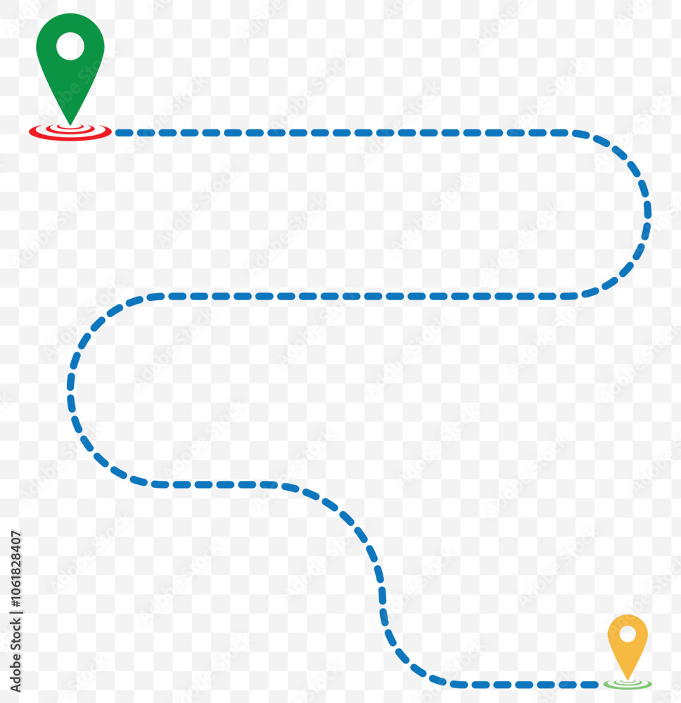 Poster route icon between two points with dotted path and location pin. location pointer continuous one lin