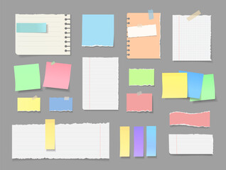 Realistic white torn or ripped paper set, Colored stickers attached tape. Collection of different color sheets of note papers with curled corner, Torn notebook pages