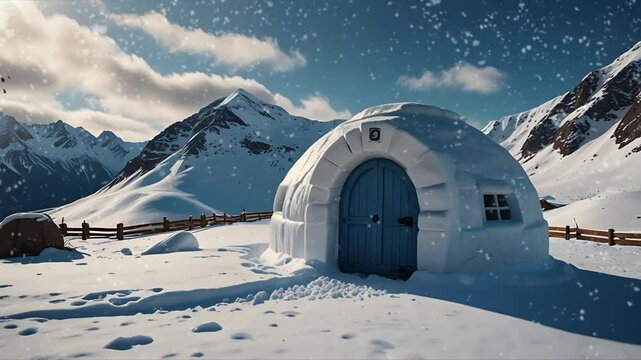 An igloo house is located in a snow-covered polar area. Seamless 4K looping timelapse video animation background