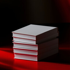 White book on red reflective surface.