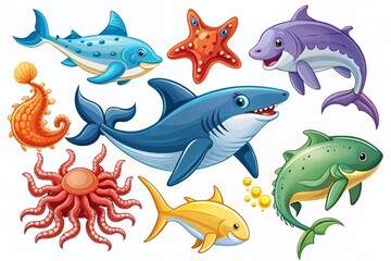 Vibrant Marine Life Vector Icons: Shark, Dolphin, Whale, Starfish, Fish, Jellyfish, Seahorse, Crab Illustrations for Logo Design and Product Photography