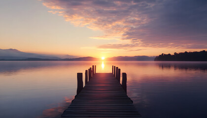 Obraz premium magic sunrise over the lake with old wooden jetty
