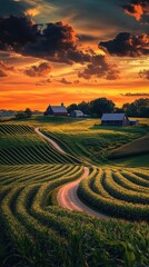 Fototapeta premium A winding road through lush farmland at sunset near a scenic highway surrounded by vibrant fields and dramatic clouds