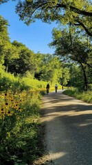Naklejka premium Bicyclists enjoying a sunny afternoon ride along the scenic Katy Trail surrounded by lush greenery and yellow wildflowers
