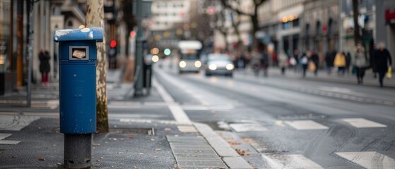 Obraz premium A blue mailbox stands resilient on a bustling city street, surrounded by blurred movements of cars and pedestrians under soft, overcast light.
