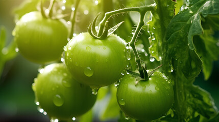 Bunch of green tomatoes are hanging from a plant. The tomatoes are wet and shiny, and they are all different sizes