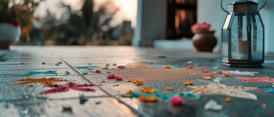 Naklejka premium A vivid, colorful rangoli decorates the ground beside a lantern, illuminating the festive spirit in an open courtyard setting.