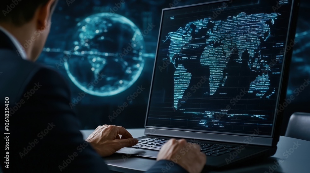 Aufkleber a person working on a laptop with digital maps and data, surrounded by a globe, representing technol