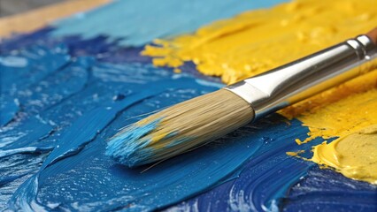 Obraz premium Close-up of a Paintbrush on a Colorful Palette with Vivid Blue and Yellow Paint Blobs for Artistic Inspiration and Creativity