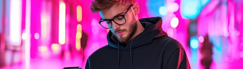 Obraz premium A man in glasses checks his phone under vibrant neon lights, showcasing a modern urban environment with a stylish, youthful aesthetic.