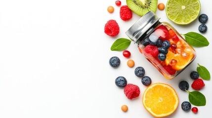 Fresh Fruit Salad in a Jar with Copy Space