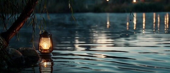 A single lantern glows serenely by a riverbank at dusk, creating a tranquil yet mystical ambiance with rippling water reflections.