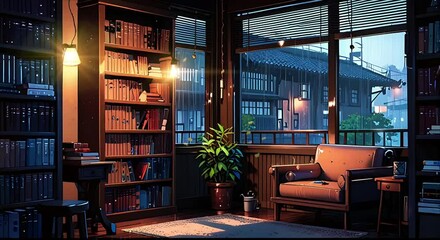 Cozy private library room with a comfortable sofa. Seamless 4K looping timelapse video animation background