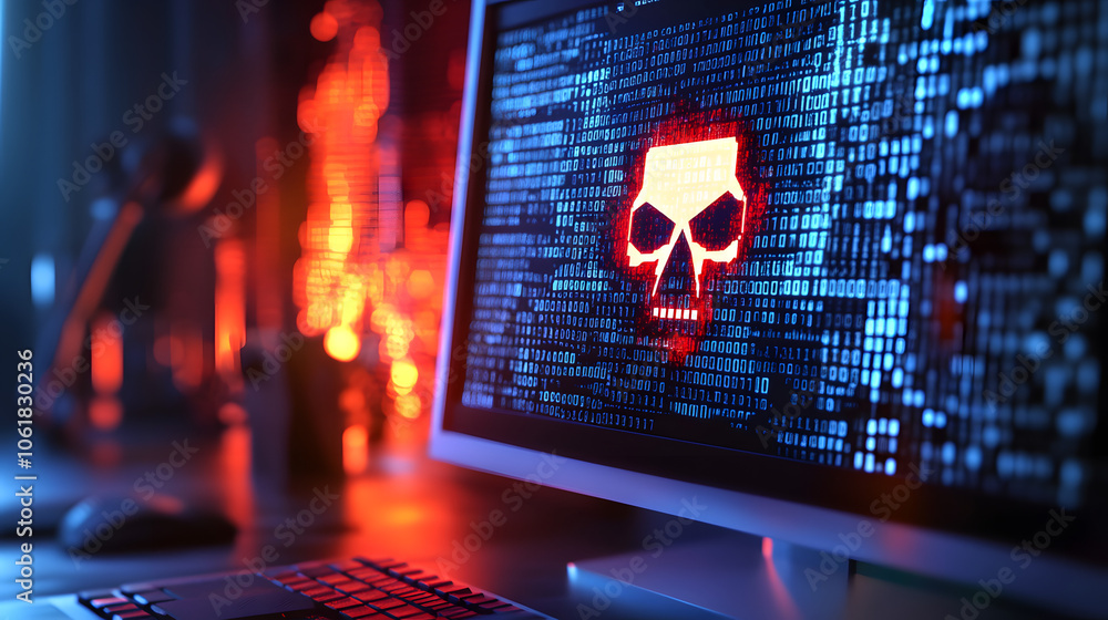 Aufkleber computer screen showing warning about illegal downloading and pirated software - digital ip theft