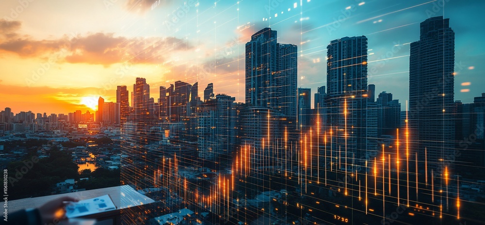 Poster a person is holding a device with data overlayed on a city skyline, sunset in the background.