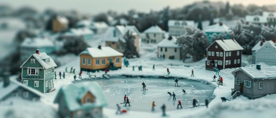 People skate across a snow-covered frozen pond amid charming houses, evoking nostalgic winter joy and communal recreation in a picturesque village setting.