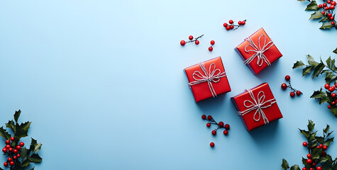 Fototapeta na wymiar Christmas and New Year holiday background. Xmas greeting card. Christmas gifts on blue background top view. Flat lay