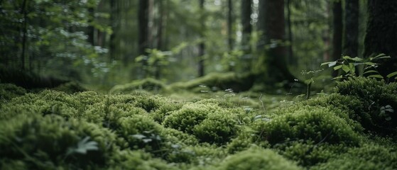 Fototapeta premium A lush, vibrant green forest floor covered in thick moss, shadowed by towering trees, emitting a serene and mystical woodland aura.