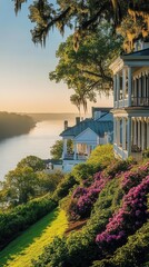 Obraz premium Charming town along a serene river at sunrise with blooming flowers and elegant houses
