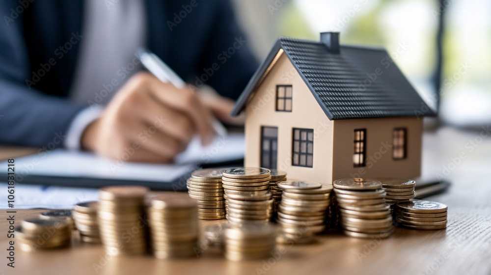 Poster a person signs paperwork in front of a model house and stacks of coins.