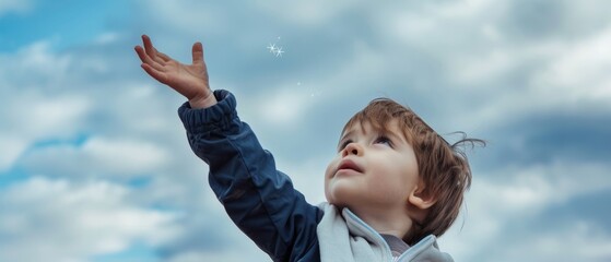 A child joyfully reaches toward the sky, trying to catch snowflakes, under a blanket of soft, billowing clouds on a crisp winter day.