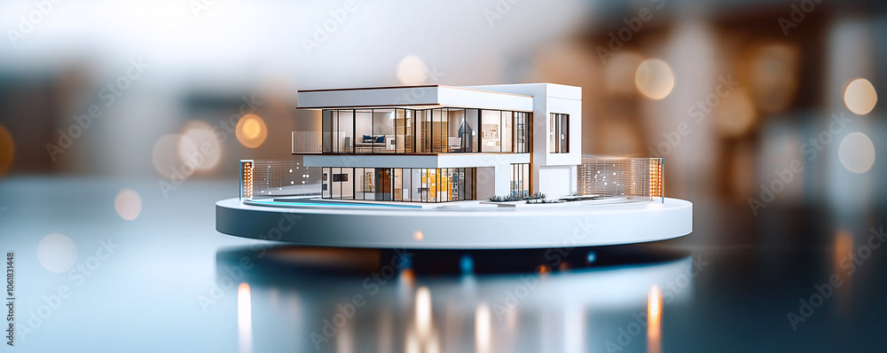 Poster modern architectural model of house displayed on circular base, showcasing large windows and sleek d