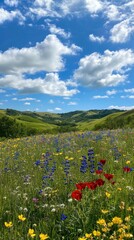 A vibrant spring landscape showcasing blooming wildflowers across rolling hills under a bright blue sky
