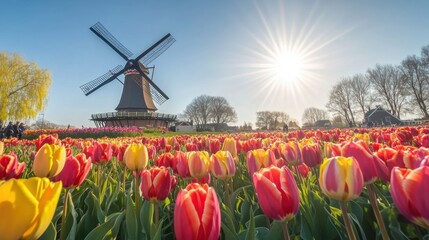A vibrant tulip field in spring beneath a sunlit sky with a traditional windmill in the background