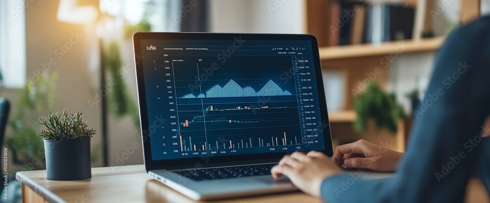 Poster a person using a laptop to analyze data on the stock market.