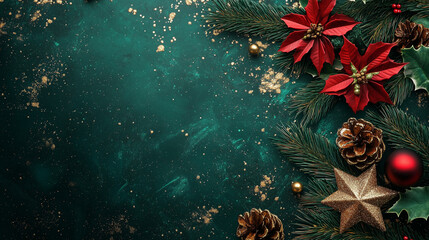 green xmas  background with  christmas tree branches and decorations