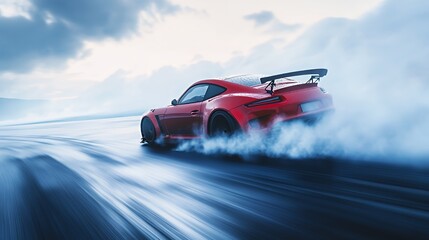 Red sports car drifting on a track with smoke and motion blur.
